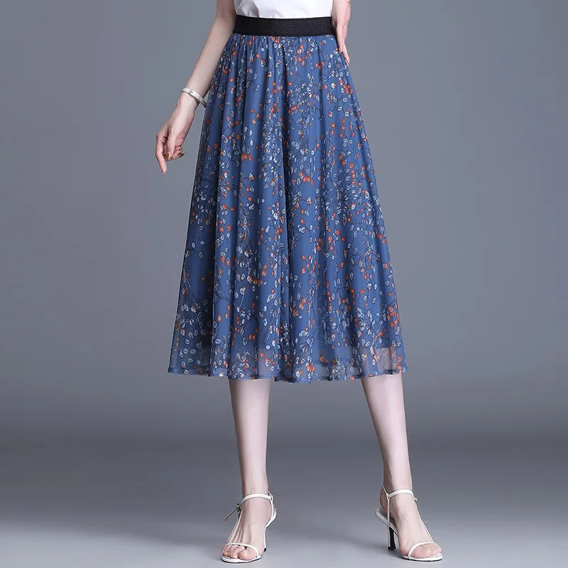 

2021 Summer Print Mesh Pleated Skirts Womens Elastic High Waist Loose Casual Vintage Elegant Mid-long Skirt