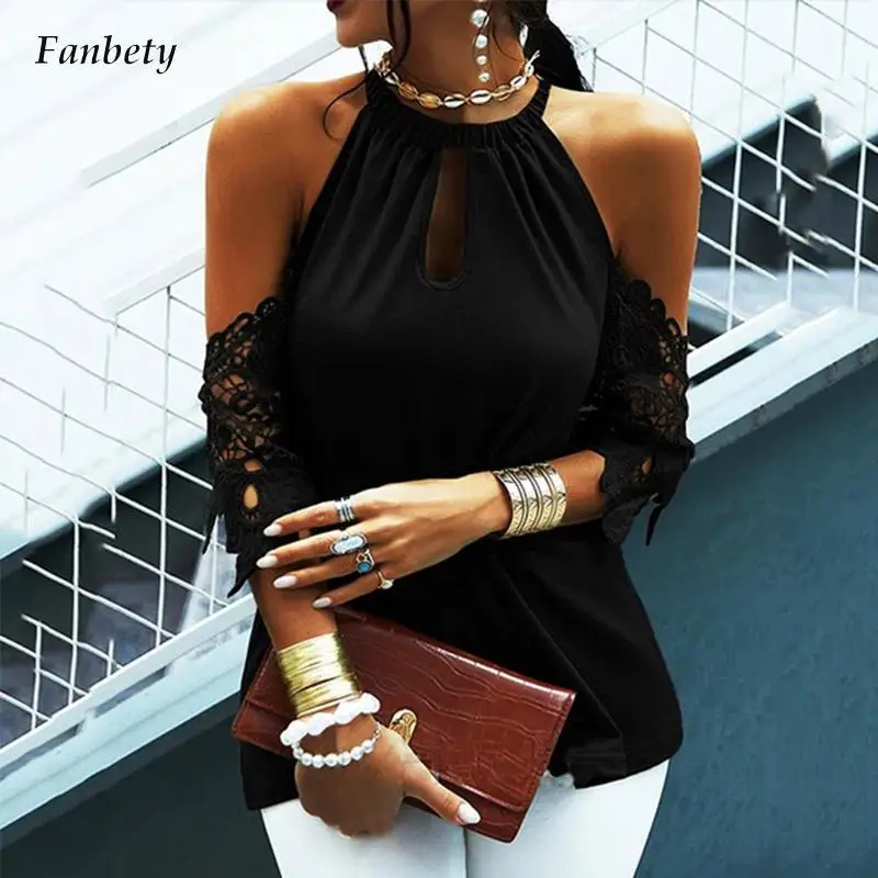 

2021 сексуальные Однотонные блузки с открытыми плечами, женские элегантные вышитые ажурные рубашки с рукавом 3/4, модные шикарные повседневны...