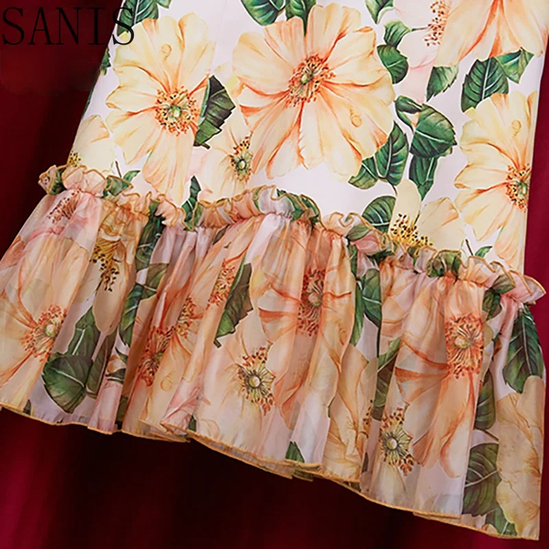 

Sanis New 2021 Summer Elegant Mermaid Party Dress Plus size Women V-Neck Flower Print Ruffles Vacation Mid Dress