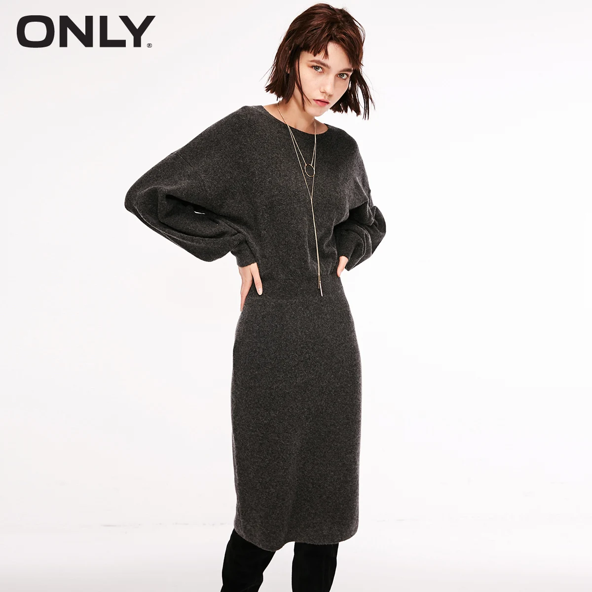 DARK GREY MELANGE Только осеннее трикотажное платье с рукавами-фонариками на талии | 118346532 - Цвет: DARK GREY MELANGE