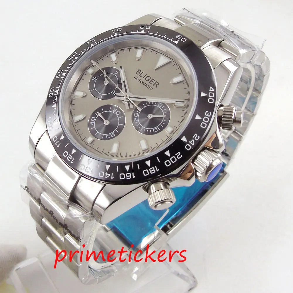 

New arrival automatic movement 39mm grey dial sapphire glass date and week indicator function mental strap mens watch