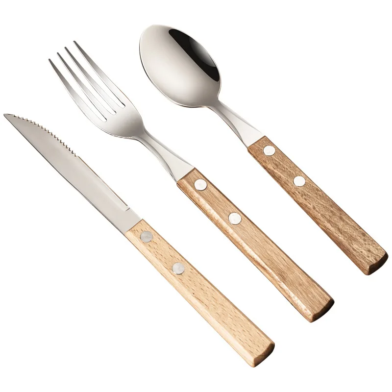 Нержавеющая сталь посуда с деревянной ручкой 304 нержавеющая кухонный нож вилка и