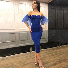 On Sale 2021 Royal Blue Prom Party Dresses Sweetheart with Off Shoulder Sleeves Wedding Guest Gowns Tea Length Party Gowns Short (1)