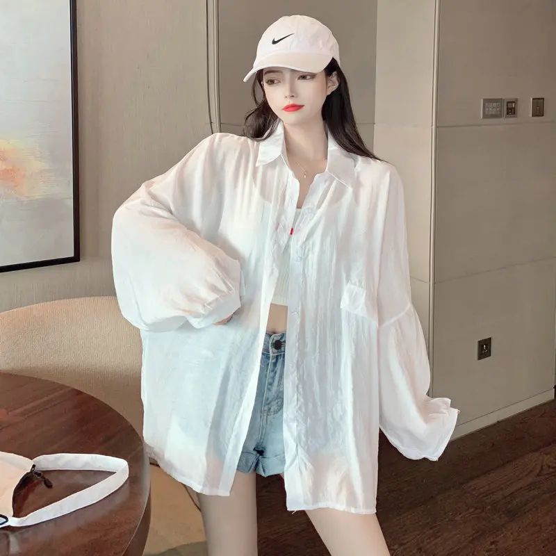 

Spring Summer Women Casual Cozy Shirt White Boyfriend Oversized Top Thin Fabric Long Sleeve Turn Down Collar Daily Clothes 2021