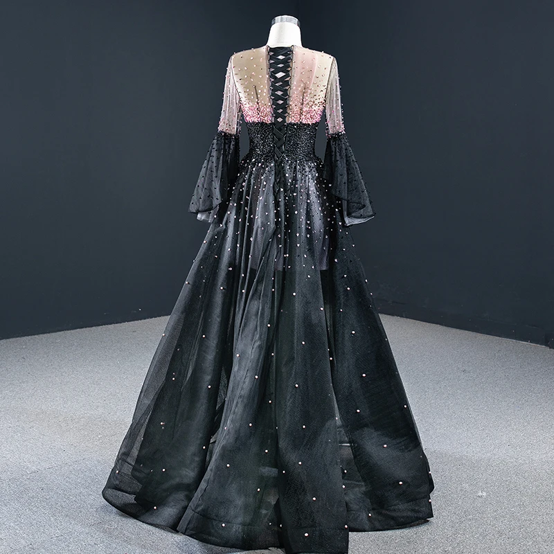 J67155 Jancember Long Evening Dresses Flare Sleeves O Neck Beaded Sequined Lace Up Back Latest Robes De Soirée Manches évasées