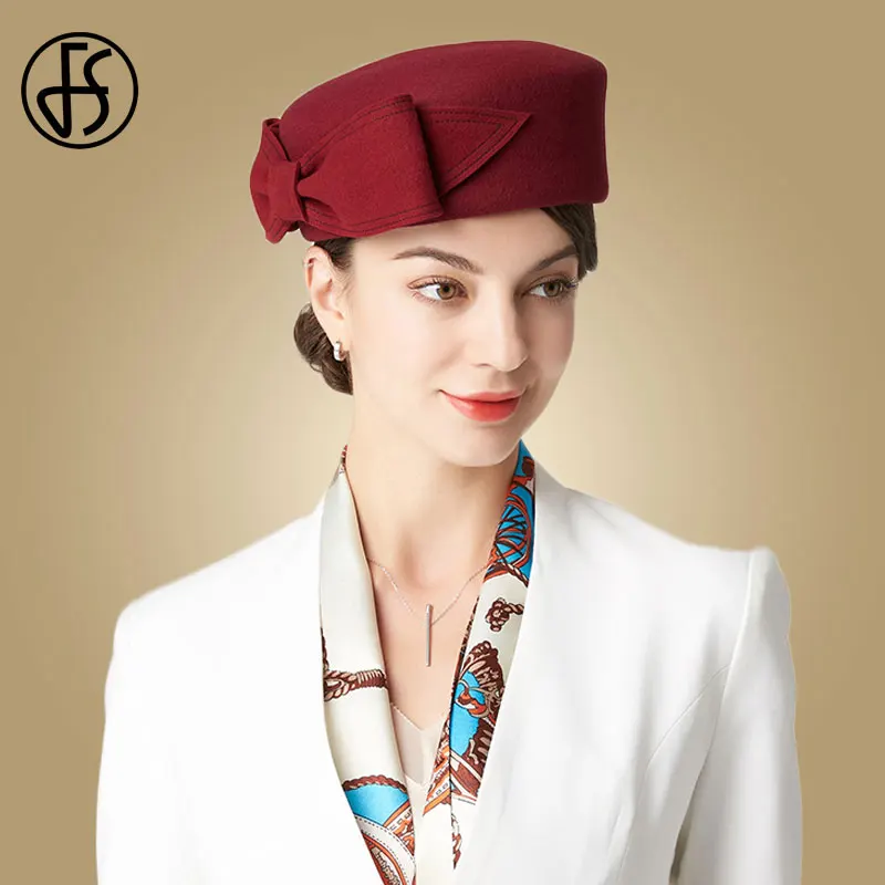 

FS Vintage Wool Pillbox Hat For Women French Berets Winter Felt Hats With Bow Top Lady Stewardess Cap Fedoras Chapeau Femme
