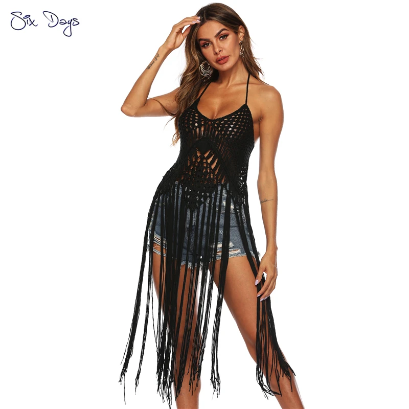 Boho Sexy Women's Swimwear 2021 Summer Beach Bikini Cover Up Hollow Out Crochet Tassels Robe Girl Beachwear Lace Up Tunic Tops