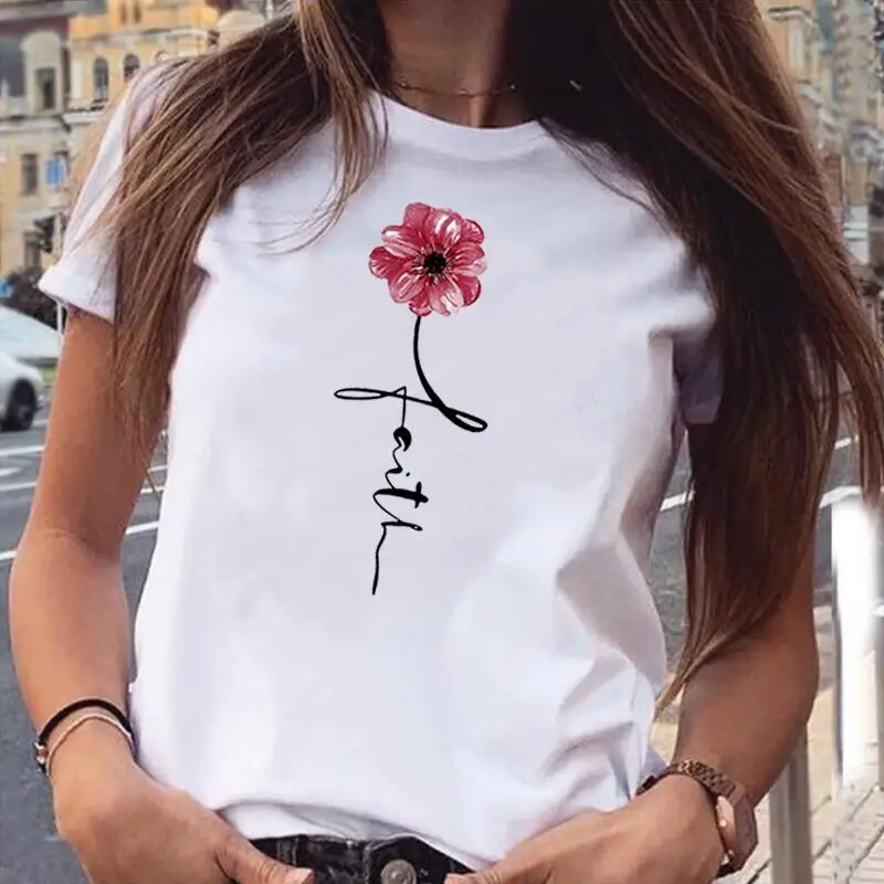 

Summer Short Sleeve Casual T Shirt Women Tops Women T-shirts Fashion Flower Letter Faith Print Tee Shirt Femme Harajuku Shirt