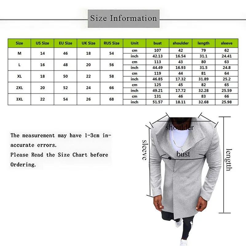 Winter Coat Men Long Trench Jacket New Fashion Mens Wool Button Solid Color Sleeved Windbreaker |