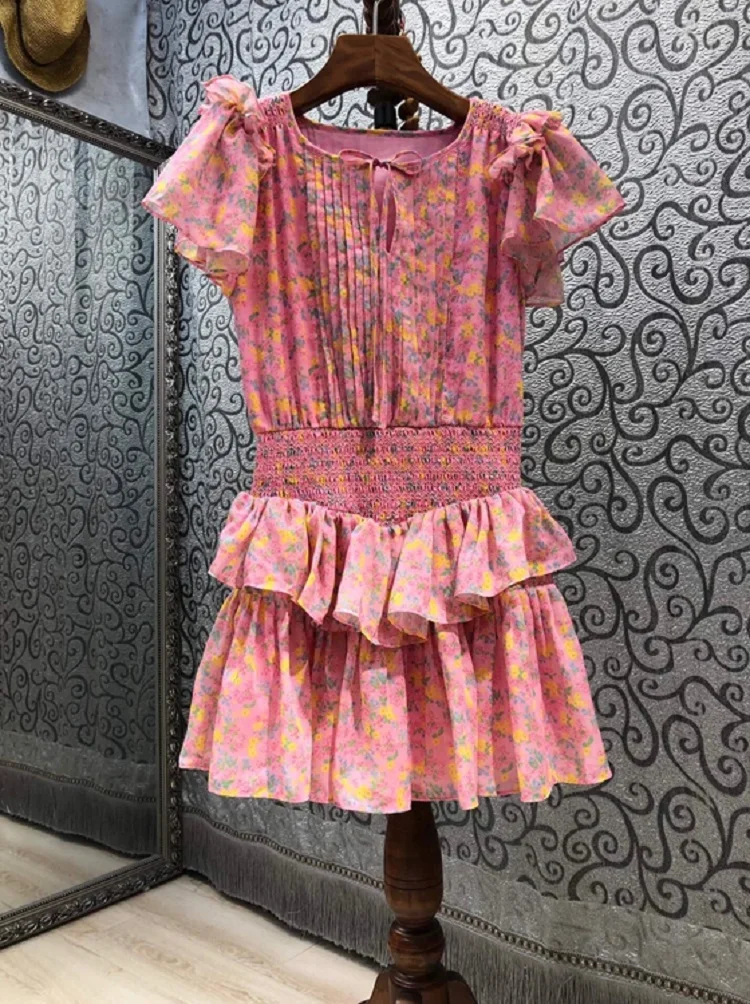 

100%Cotton Women's Dress 2021 Summer Ladies Sweet Little Floral Print Ruffle Patchwork Short Sleeve Slim Fit A-Line Pink Dress