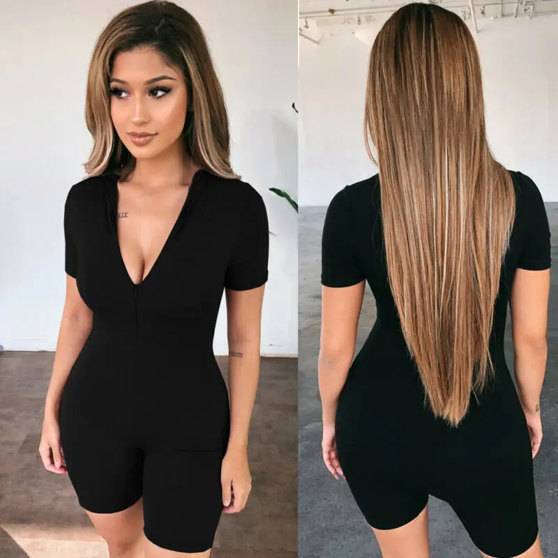 

Casual 2020 Womens Lady Short Sleeve Bodycon Playsuit Stretch V Neck Leotard Jumpsuit Romper