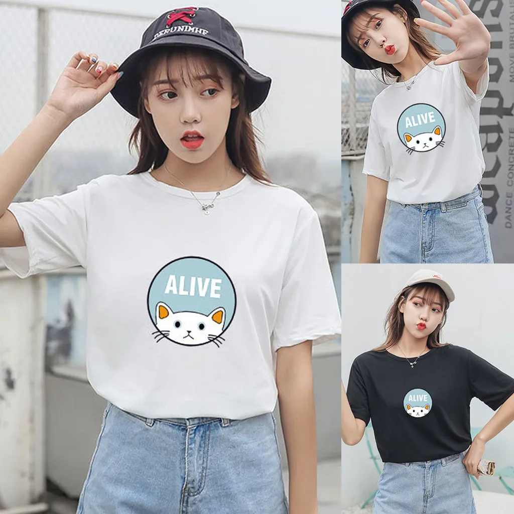 Женская футболка с круглым вырезом Летняя туника коротким рукавом и принтом