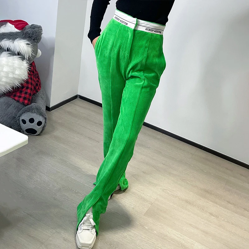 

2022 spring new green corduroy casual trouserswomen's trousers slit design letterembroidery straight leg fashion casual trousers