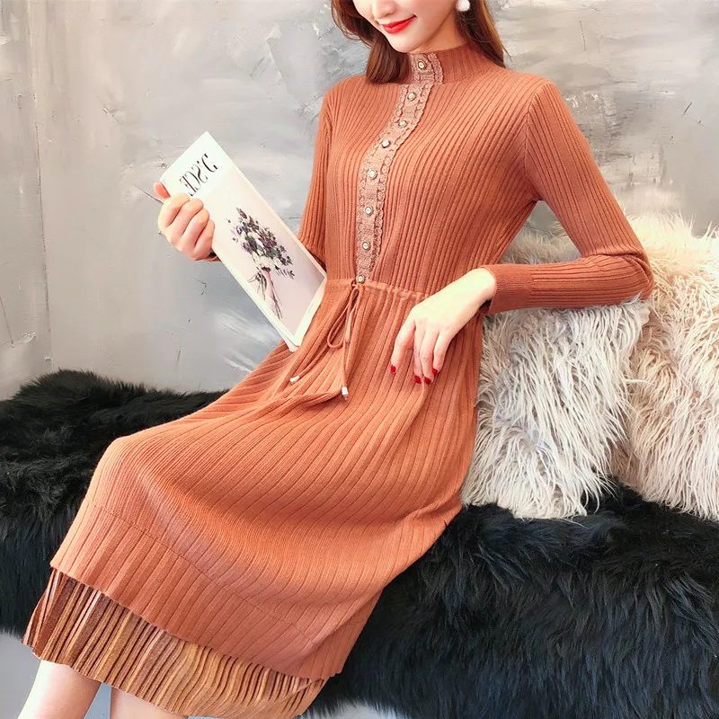 Женское трикотажное платье свитер средней длины на пуговицах|Женские платья| |