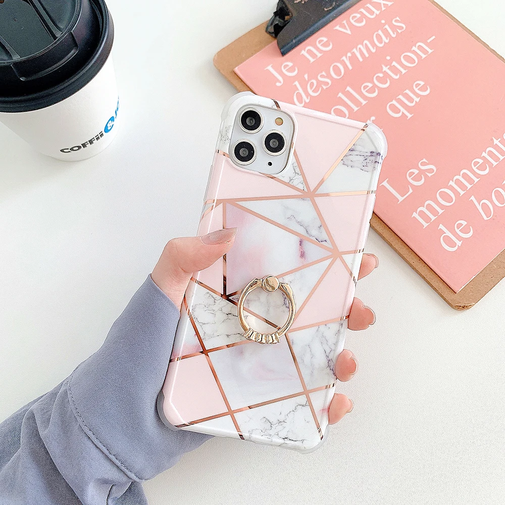 LOVECOM Electroplated Geometric Marble Phone Case For iPhone 12 11 Pro XR XS Max Corner Shockproof Soft Ring Finger Back Cover | Мобильные