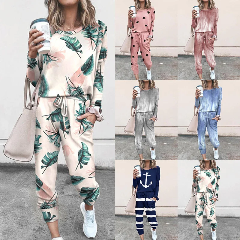 

2020 Autumn Long Sleeve Two Piece Set Women Casual Print O Neck Loose Top Drawstring Elastic Waist Long Pant Ladies Fashion Suit