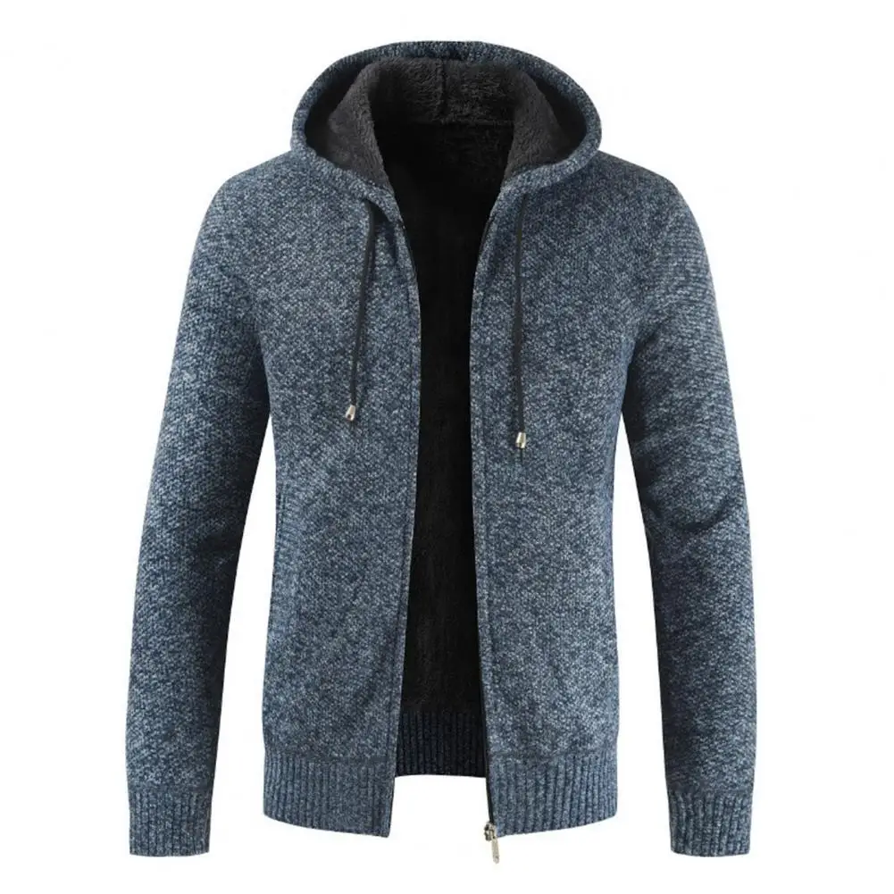 

Classic Cardigan Sweater Elastic Zipper Closure Sweater Coat Hooded Plush Lining Sweater Coat