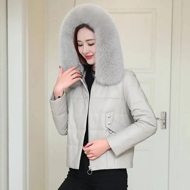 Women's PU Leather Down Cotton Jacket 2022 New Imitation Sheep Leather Jacket Short Loose Korean High-Waisted Faux Fur Jackets