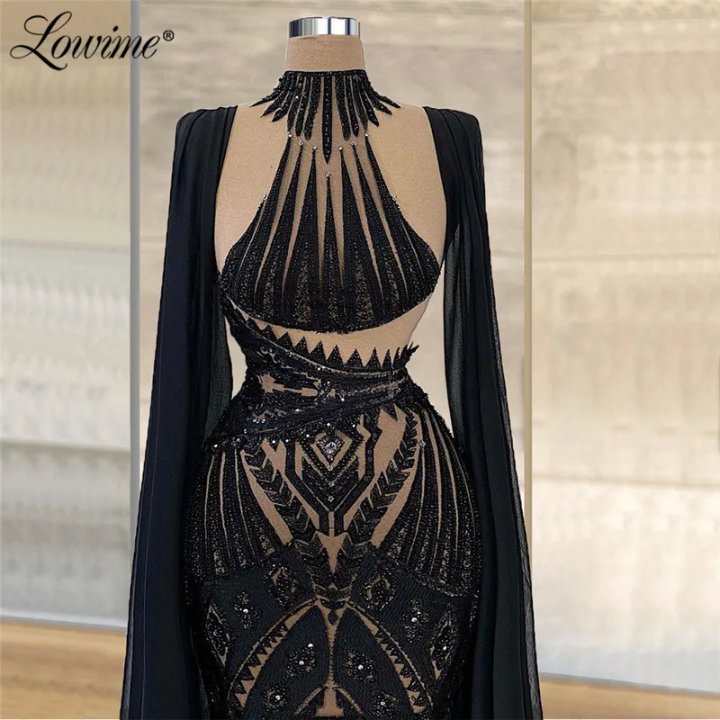 Lowime Black Long Capped Sleeves Dubai Design Evening Dresses See Through Lace With Handmade Beaded Arabic Party Prom Gowns Robe