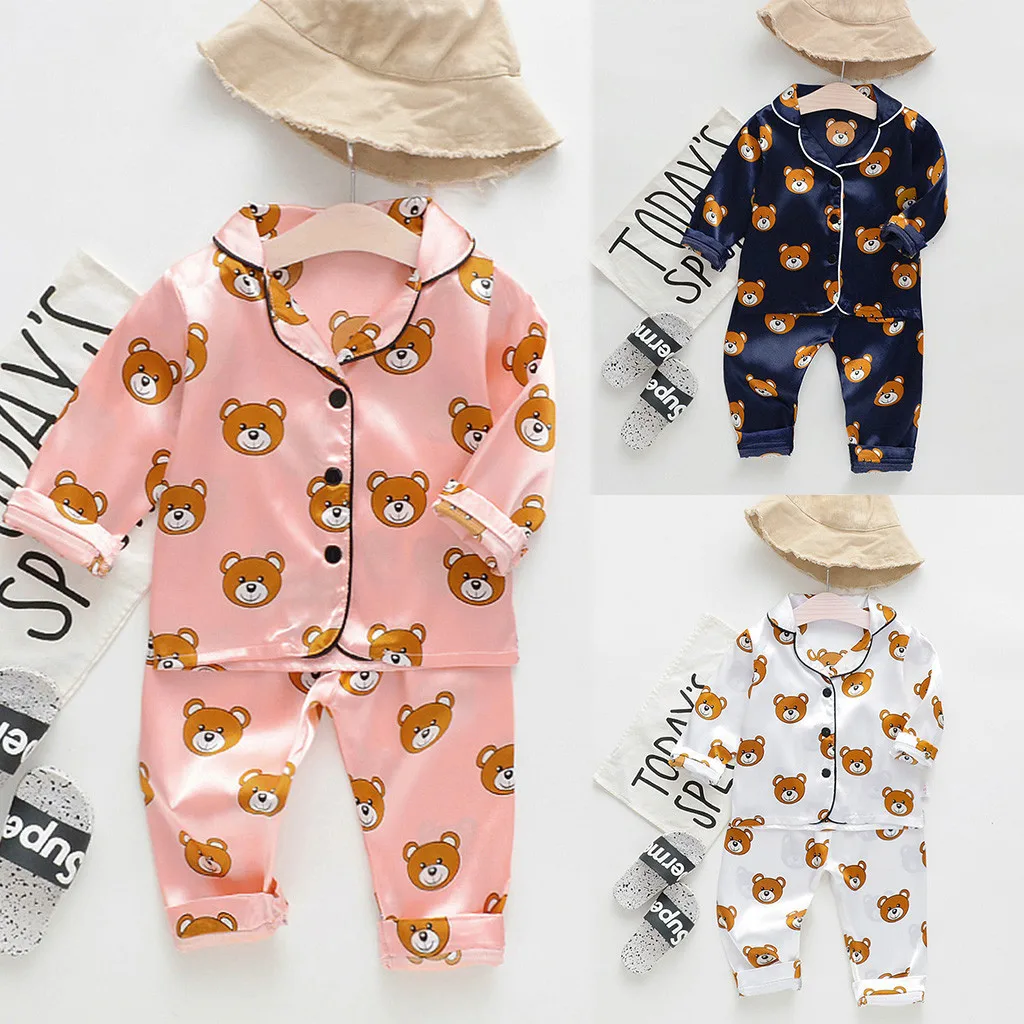 2021 Autumn Winter Fashion Kids Baby Boy Girls Long Sleeve Cartoon Bear Tops+Pants Outfits Pajamas Sleepwear Set Drop Shipping | Детская