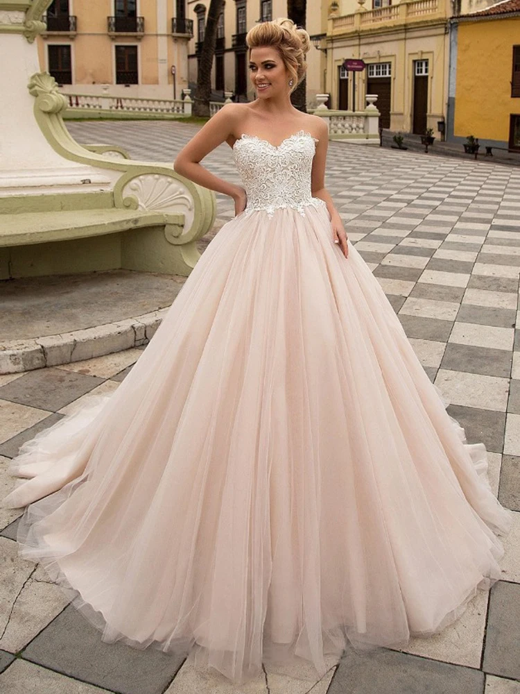 

Booma Simple Lace Appliqued Wedding Dress 2019 Soft Tulle Sweetheart Sleeveless Beach Boho Pink Lacing Bridal Gowns New