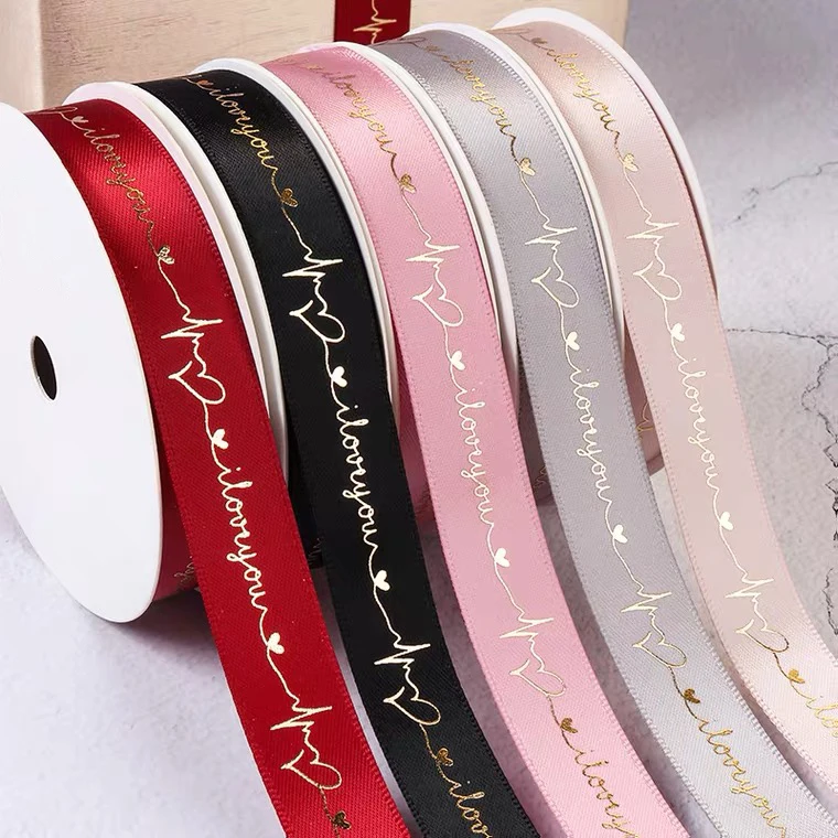 

16mm Wedding Ribbon Satin I Love You/Heart Gold Foil Printed For Valentine Gift Wrapping Wedding Decoration