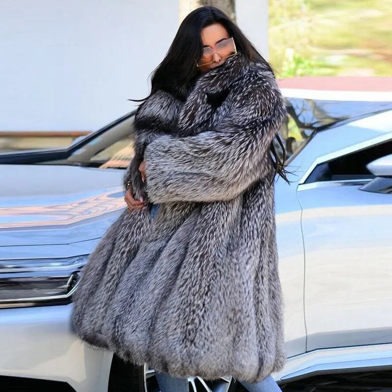 BFFUR Long Silver Fox Fur Coat Natural Women High Quality Whole Skin Genuine Silver Fox Fur Overcoats With Big Lapel Collar Coat