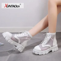 summer breathable women mesh boots fashion zipper cross tied riding boots ladies platform thick high heel spring shoes woman