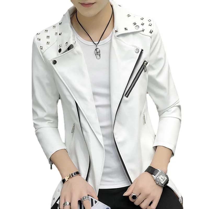 

20233 men 'S Autumn And Winter New PU Leather Jacket Youth Rivet Oblique Zipper Slim Leather Jacket