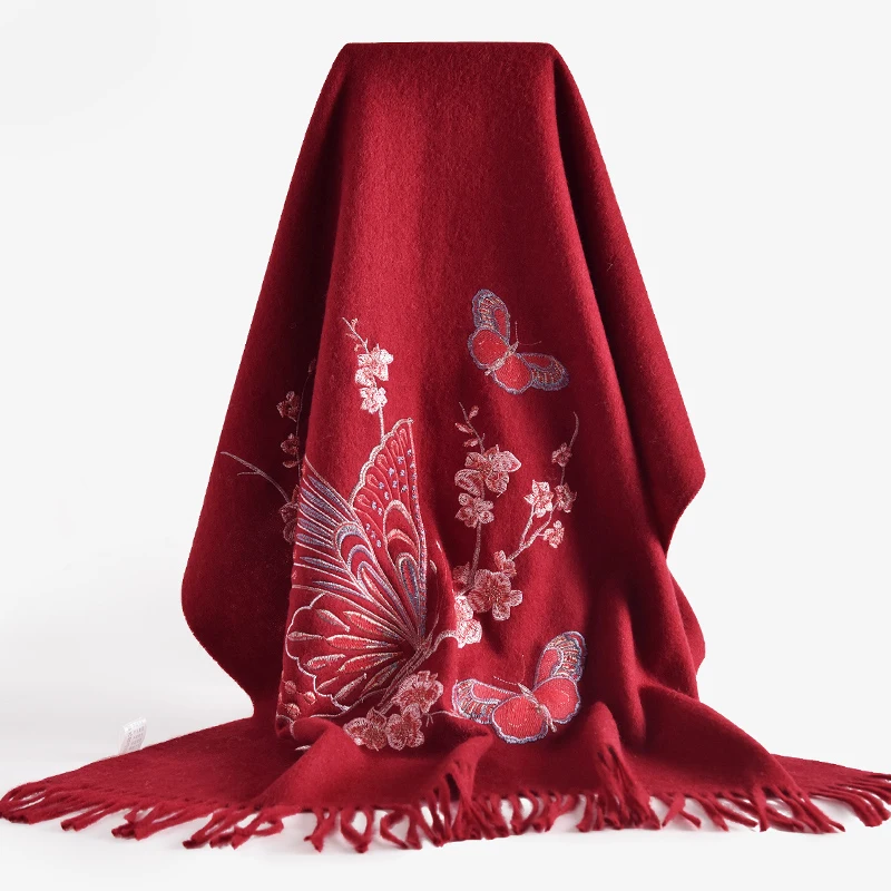 

Women Wool Scarf Winter Warm Wool Butterfly Embroidery Shawls Wraps Scarves for Ladies Bride Wedding Tassels Solid Pashmina