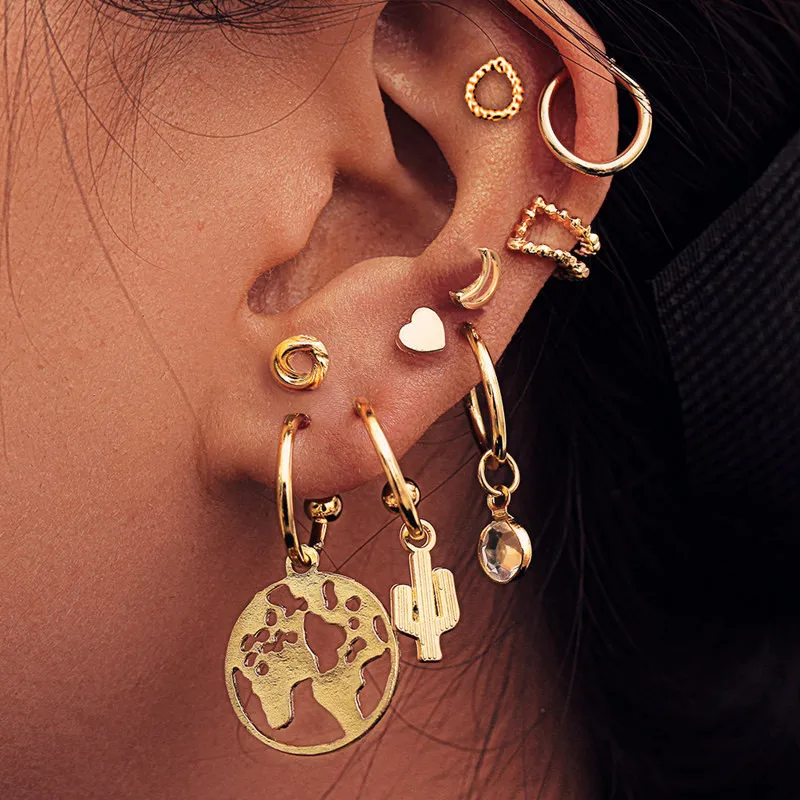 Punk Gold Color Butterfly Snake Star Cross Cactus Earrings Set for Women Crystal Geometric Studs Statement Jewelry | Украшения и