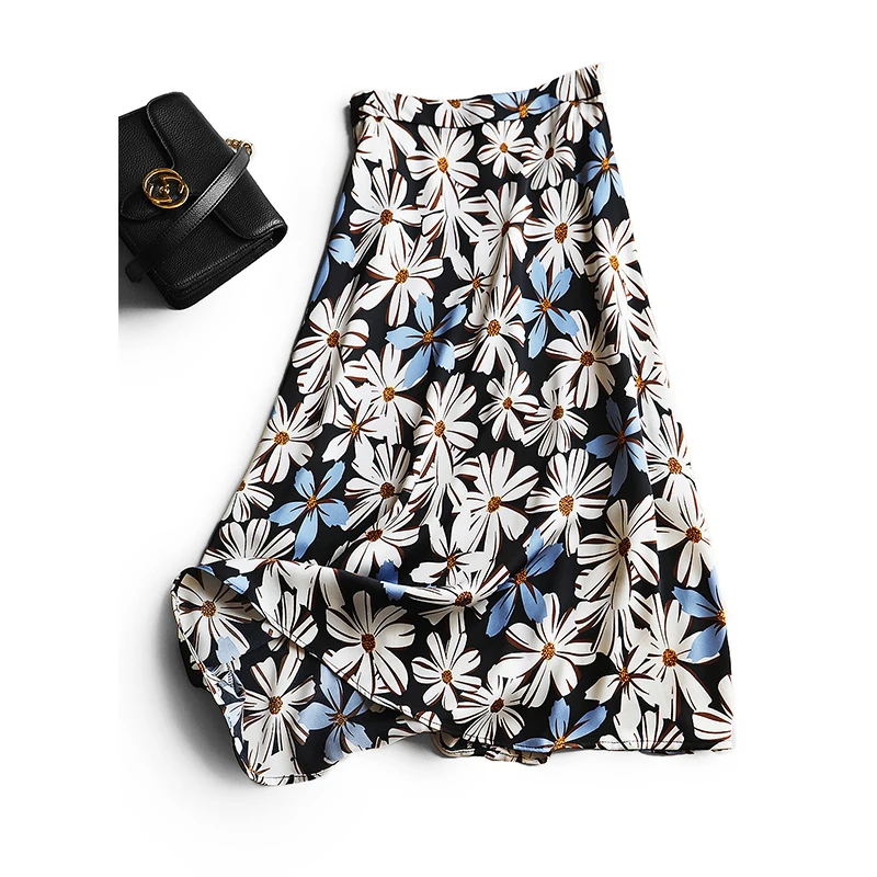 

SHUCHAN Women Skirt Floral Print A-Line Mid-Calf Summer 2021 Bohemian Long Skirt Polyester Prairie Chic Skirts Womens