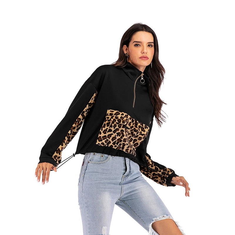 

Sweatshirt Haut Manche Longue Femme Sudaderas Leopard Splicing Moda Ropa De Mujer Bluzy Damskie Long Sleeve Zipper Roupas Felpe
