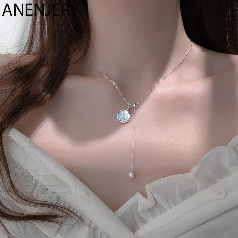 

Evimi 925 Silver Color Round Shell Necklace For Women Tassel Pearl Clavicle Chain Jewelry S-N747