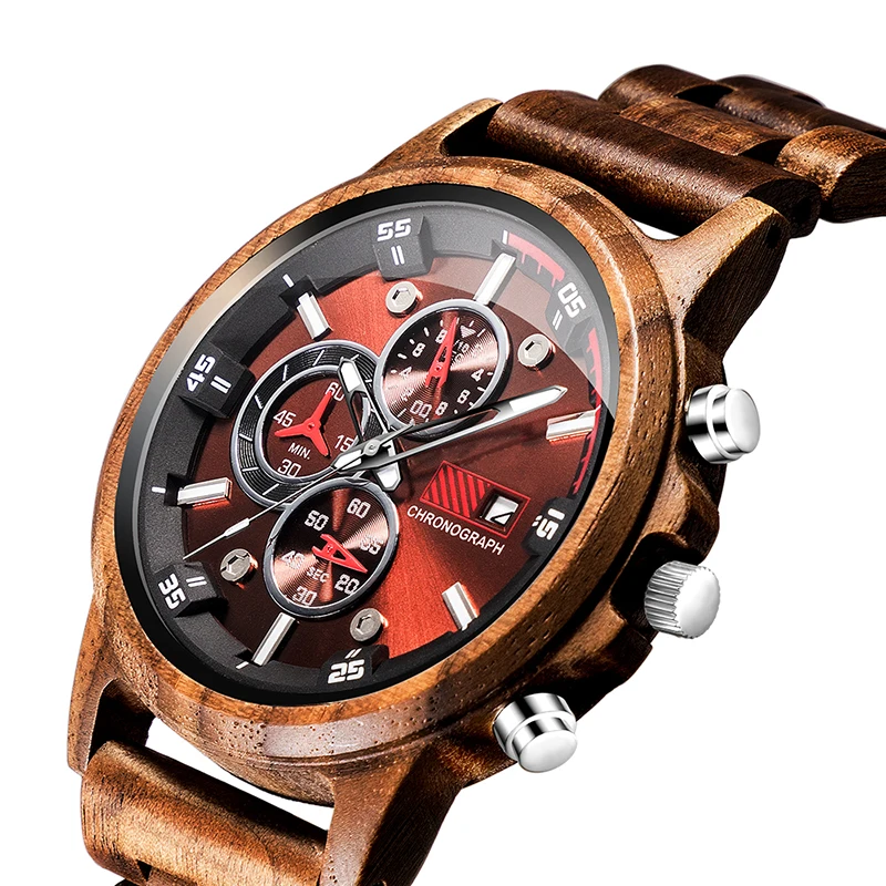 

Mens Walnut Wood Watches Top Brand Luxury Military Stainless Steel Chronograph Wristwatch Grooms Gift relojes para hombre