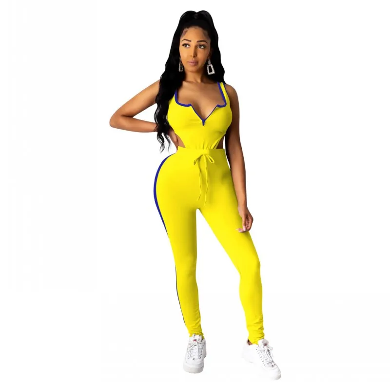 

2 piece set 2020 Sexy V Neck Women Matching Set Fashion 2020 Sleeveless Athleisure Two Piece Outfits Hot Bodysuit And Pants Sets