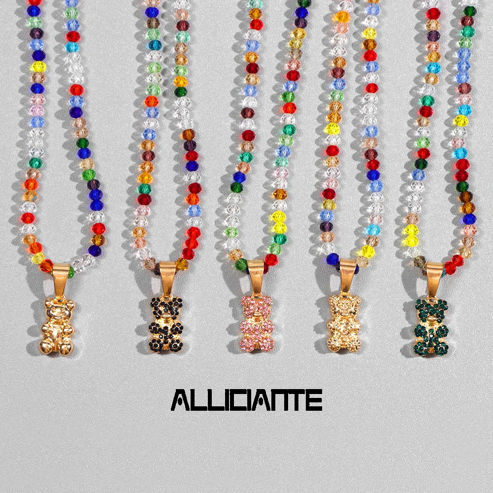 

2021 Korean Gummy Bear Bling Crystal Rainbow Beaded Necklace For Women Girls Y2K Cartoon Animal Choker Necklace Bohemian Jewelry