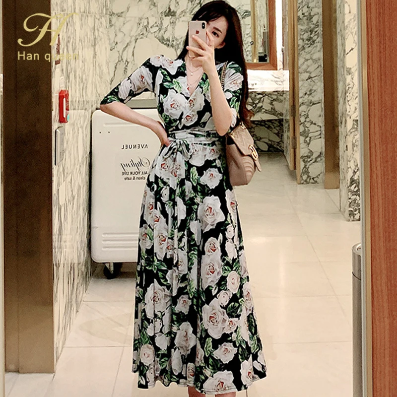 Женское офисное платье с высокой талией H Han Queen элегантное трапеция цветочным