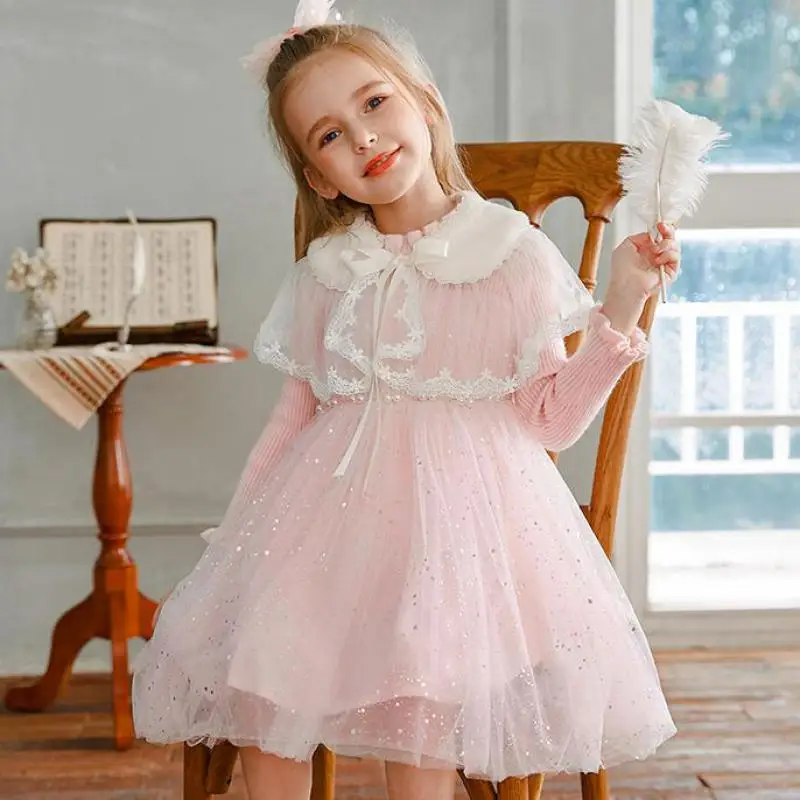

Autumn Winter Princess Dress For Girls Fashion Bling Dot Print Thickened Plush Mid Length Gowns Children Party Clothing Dresses
