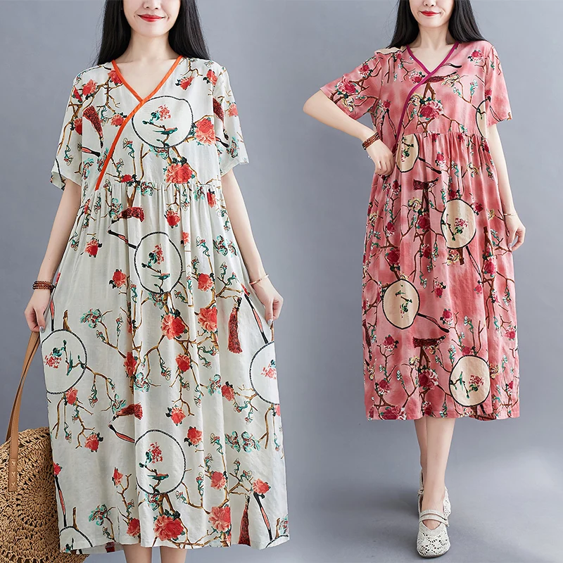 

Vestidos De Mujer Casual Dress 2022 New Summer V-Neck Bohemian Floral Print Beach Dress Ethnic Literary Women Party Maxi Dress