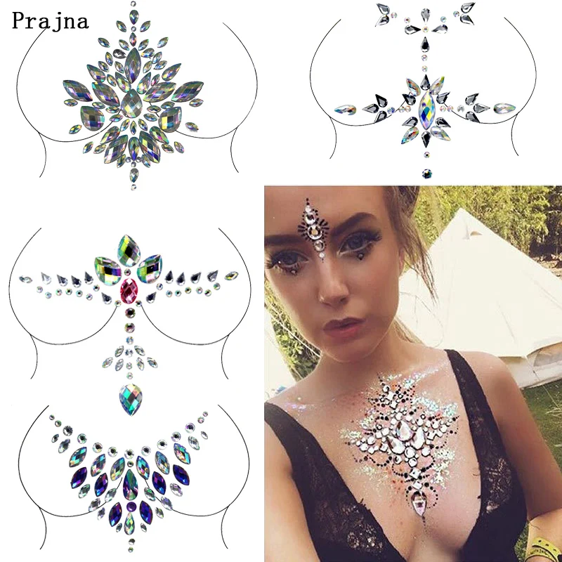 Prajna Хрустальная грудь Стразы макияж Декор 3D временные татуировки наклейки
