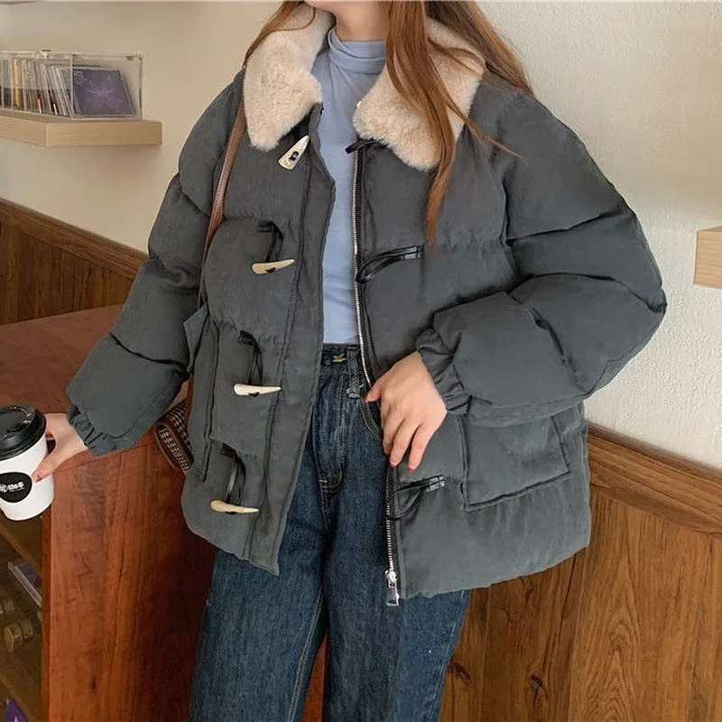 

Parkas Women Turn Down Collar Patchwork Faux Fur Horn Button Sweet Japanese Retro Korean Style New Teens Outwear Loose Coats New