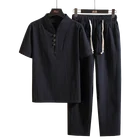KOLMAKOV 2021 новые хлопковые льняные мужские комплекты нижнего белья Комплект с рисунком для мальчиков, футболка с короткими рукавами + брюки Однотонная повседневная обувь комплект из двух предметов, мужской спортивный костюм 4 цвета S-5XL A348-TZ607