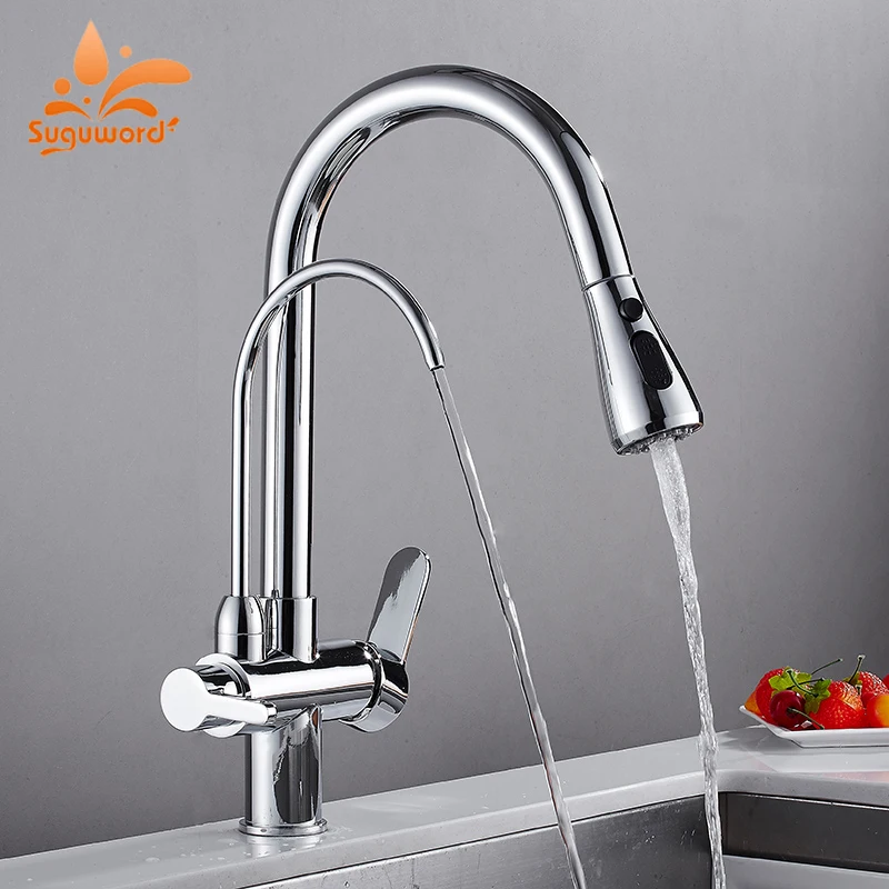 Suguword Chrome Purified Kitchen Faucet Deck Mounted Pure Water Filter Sink 360 Degree Rotation Hot Cold Water Mixer Tap Crane