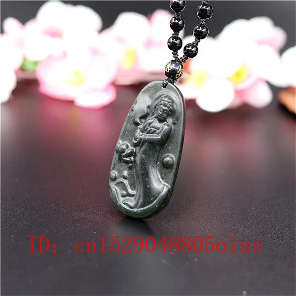 Natural Black Green Chinese Jade Guanyin Pendant Beads Necklace Charm Jewelry Obsidian Accessories Carved Amulet Gifts for Men | Украшения