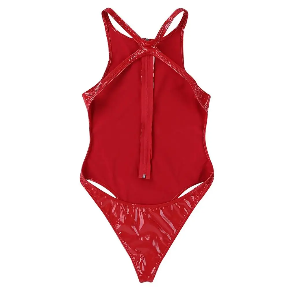 Соблазнительное Женское боди слитное блестящее кожаное с лямкой на шее открытой