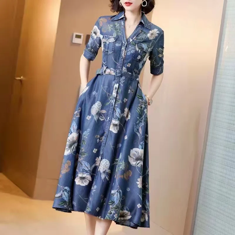 

Big Print Denim Dress, Middle Sleeves, Knee-Length Skirt, Lapel,Belt, S-XL