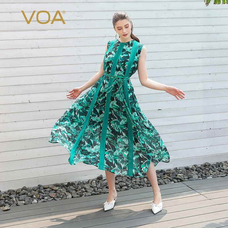 VOA синее шелковое платье без рукавов с принтом жоржет и круглой горловиной