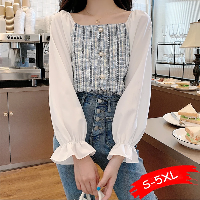 

Korean Plaid Patchwork Women Blouses Flare Long Sleeves Slim Square Collar Short Shirt 2021 New Blusas Femme Tops Office Wear
