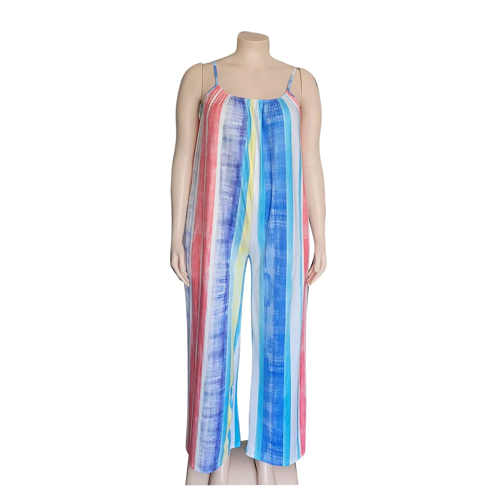 

Plus Size Women Color Striped Printing Loose Jumpsuits 2021 Summer Latest Sleeveless Spaghetti Strap Backless Sexy Rompers